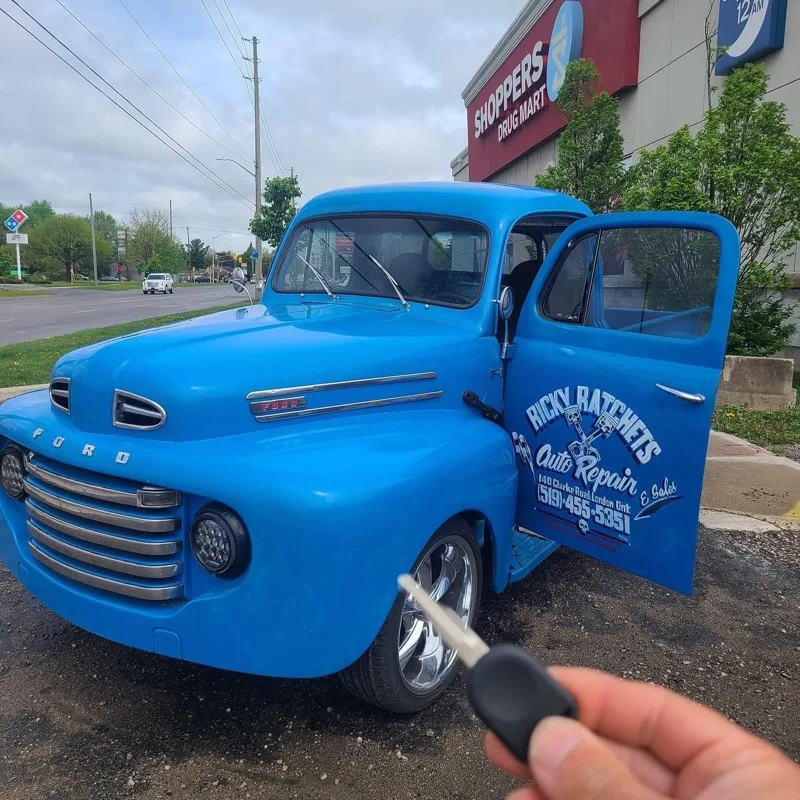 Classic blue 1948 Ford pickup truck with a spare key cut