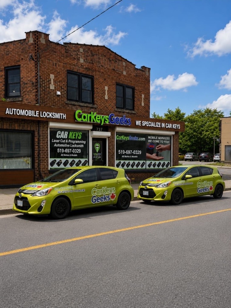 Car Keys Geeks storefront at 737 Hamilton Rd, London — brick shop with two branded service cars parked out front